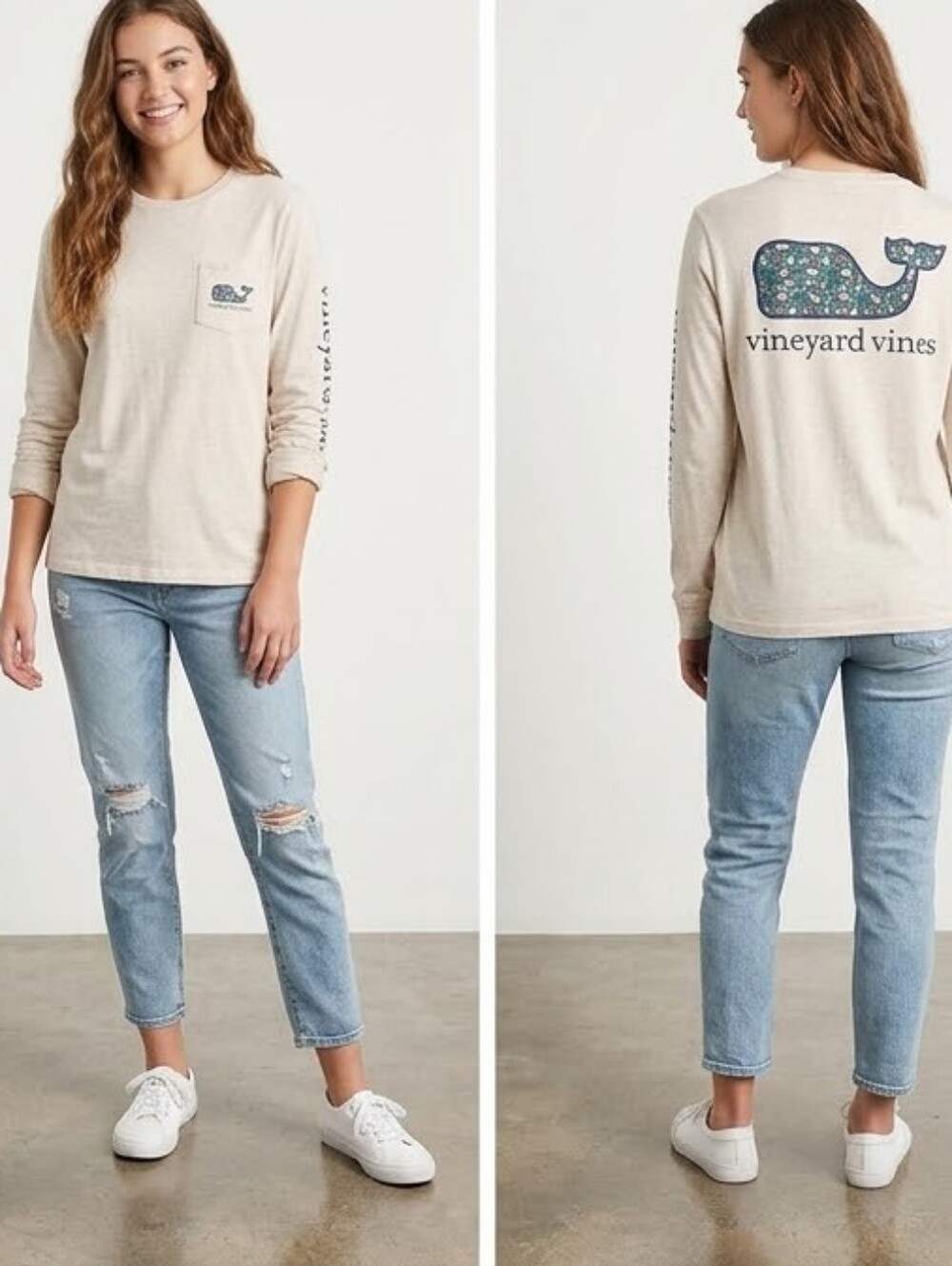 Vineyard Vines Womens T-Shirt Long Sleeve Beige 100% Cotton Santa Christmas Sz M